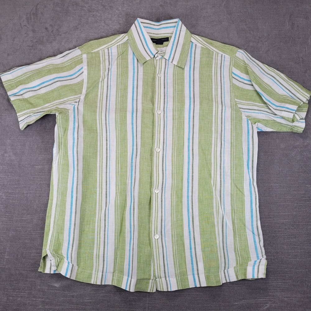 Banana Republic Mens Med Green White Blue Striped 100% Linen Short Sleeve Shirt‎